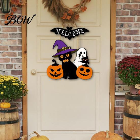 Halloween Gift for Friends Wooden Welcome Door Sign, Pumpkin Ghost Bat Hanging Decor Yard, Home Party Entrance Rustic Wood Art Sign