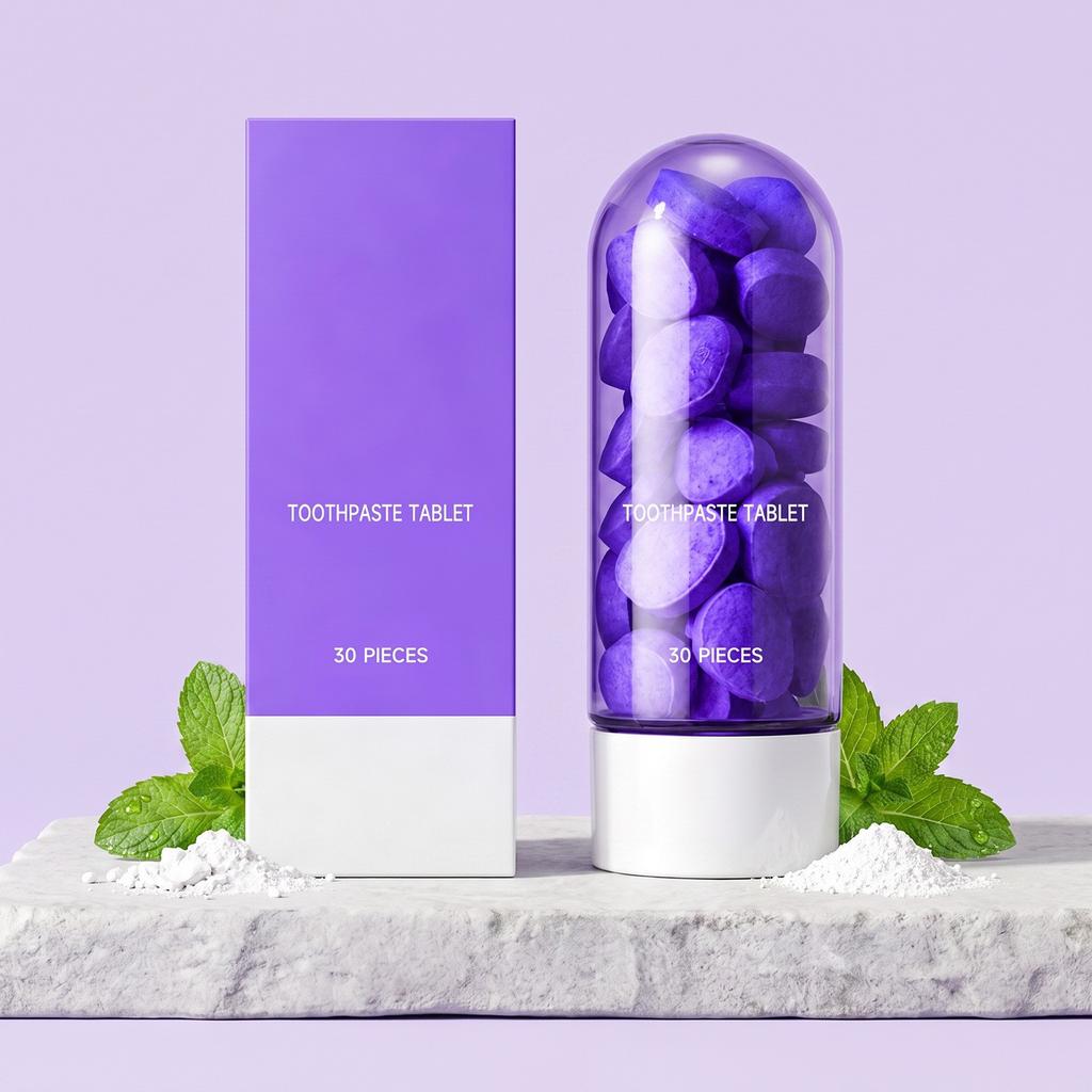 Purple Toothpaste Tablets, Mint Fresh Clean Teeth, Daily Comfort Oral Care, Travel Portable Solid Toothpaste Bits