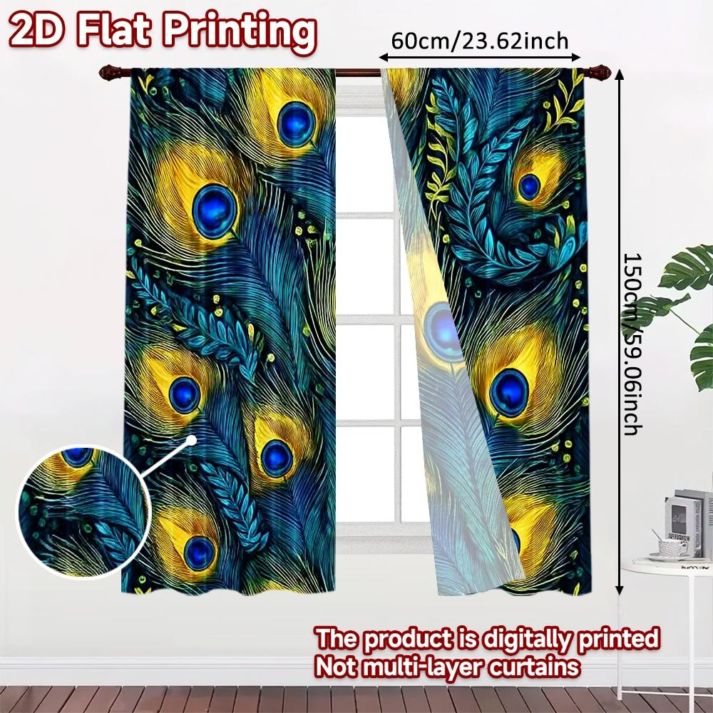 Flat Printing Curtain Peacock Feather Elegance Digital Printed Polyester Drapes All Season Party Holiday Decor Set Of 2 Made Washable
