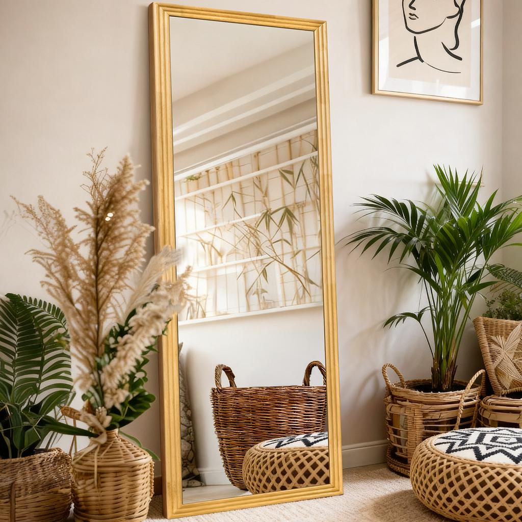 Straight Full-Length Mirror with Wood Frame in Brown, 160 x 50 cm, with Adjustable Metal Stand, Suitable for Residential and Commercial Spaces
