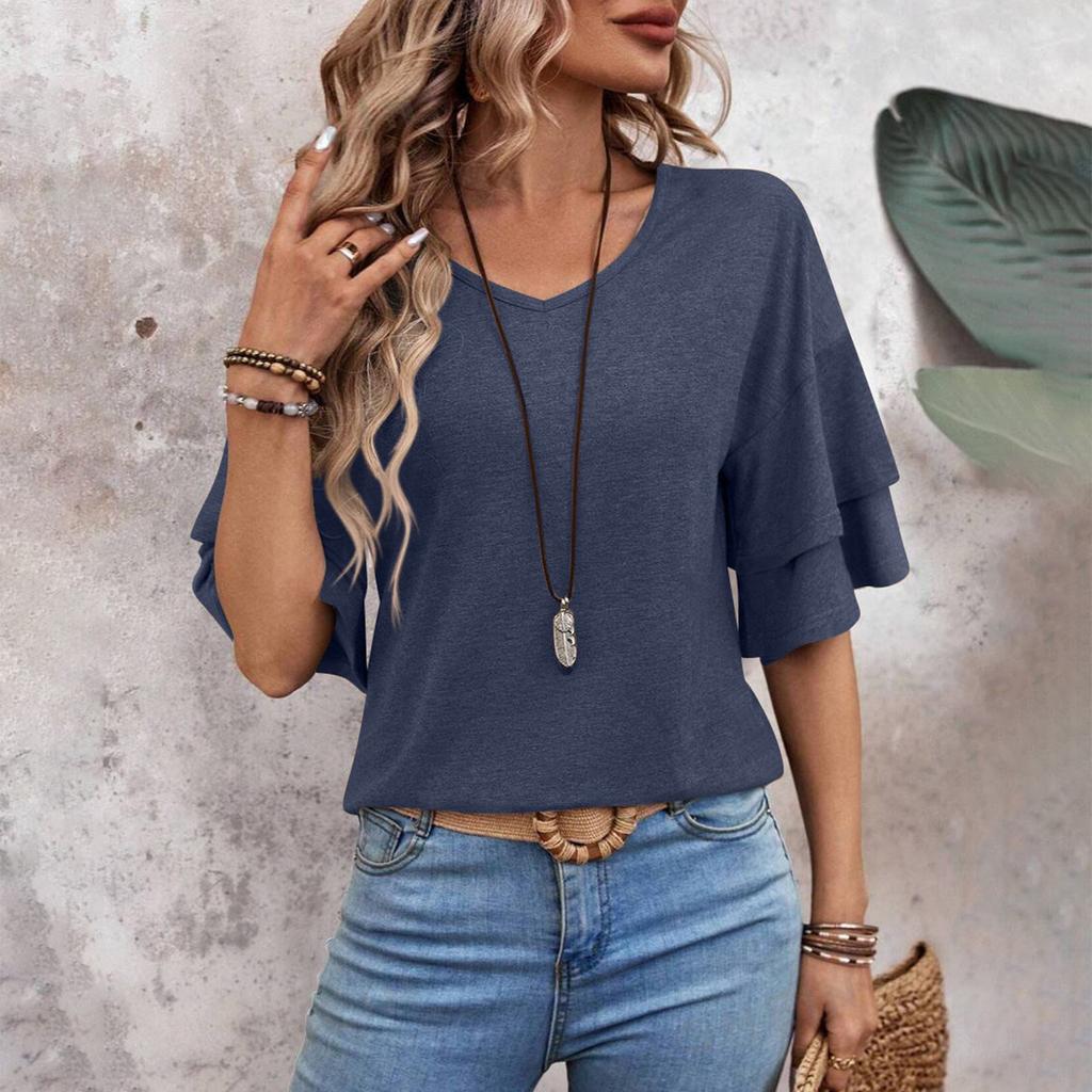 Модная и сексуальная женская двухслойная футболка с короткими рукавами и рюшами