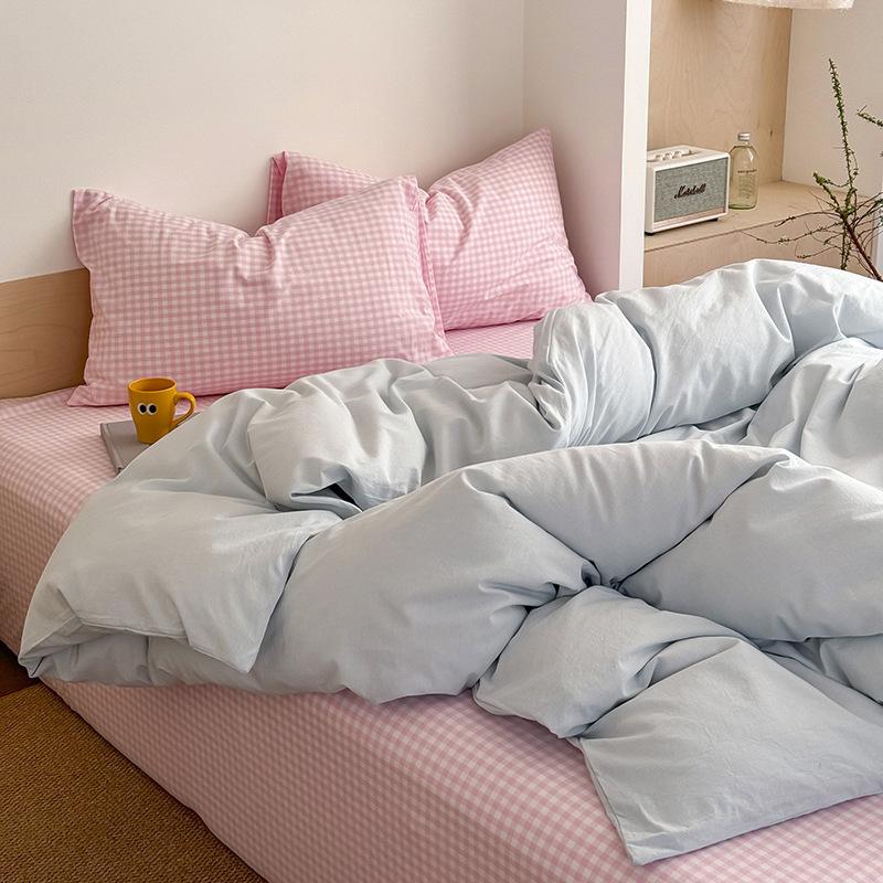 Spring And Summer Washed Cotton Contrast Color Bed Floating In Iceland Simple Style Four-piece Cotton Bed Sheet Quilt Cover