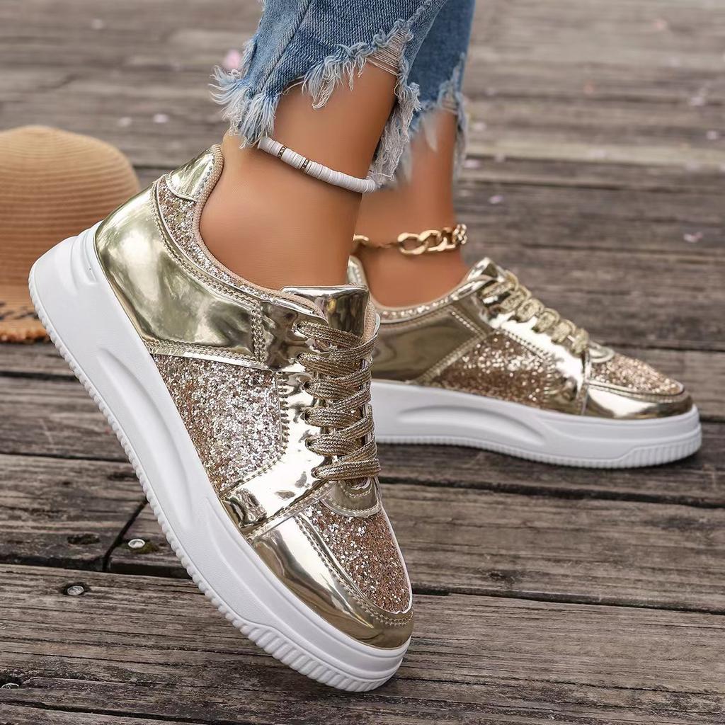 Sequins Fashion Women Board Shoe Casual Sneakers Lightweight Large Size Flat Women's Lace-up Thick Bottom Tennis Walking Shoes
