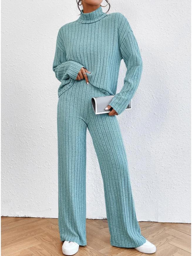 European & American 2023 Autumn/Winter High-Neck Knit Sweater & Loose Trousers Women's Two-Piece Casual Suit