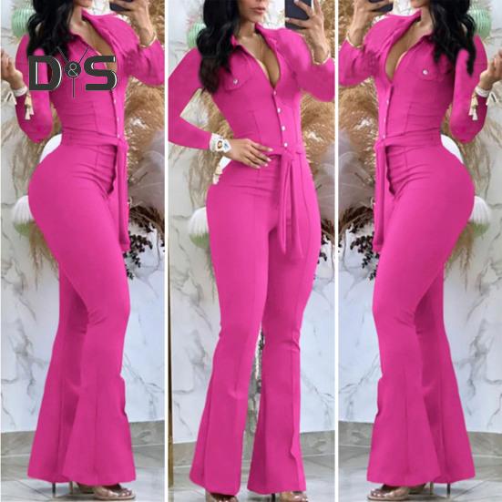Women Fall Spring Jumpsuit Lapel Half Single-breasted Solid Color Long Sleeve Slim Fit Flared Cuff Low-cut Belted High Waist Elastic Lady Long