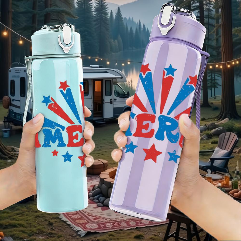 1PC America Star Firework Graphic,750ml Color Plastic Sports Water Bottle,Leakproof Flip Straw Lid,Suitable for Sports Office Home Use