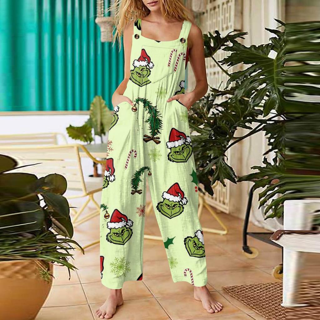 Women's Fashion Christmas Print Casual Retro Sleeveless Button Jumpsuit