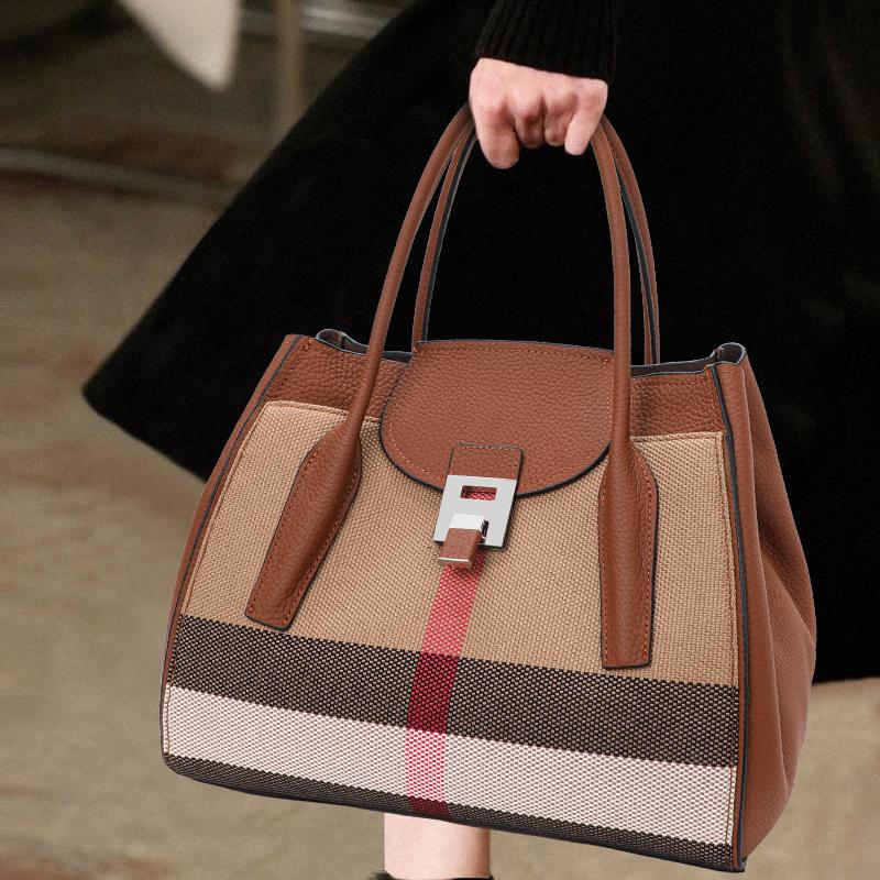 Новая женская винтажная клетчатая сумка большой вместимости, повседневная универсальная сумка из холста и коровьей кожи