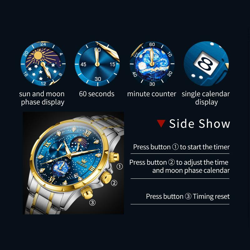 Men's Quartz Multifunctional Chronograph Watch Stainless Steel Waterproof Luminous Diamond Studded Starry Sky Watch