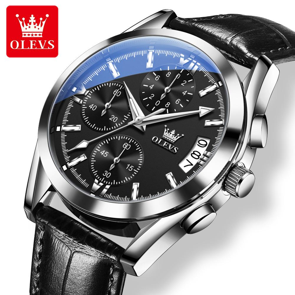 OLEVS Top Brand Luxury Men Watch Leather Strap Calendar Waterproof Business Men Casual Chronograph Quartz Watch Reloj Hombre
