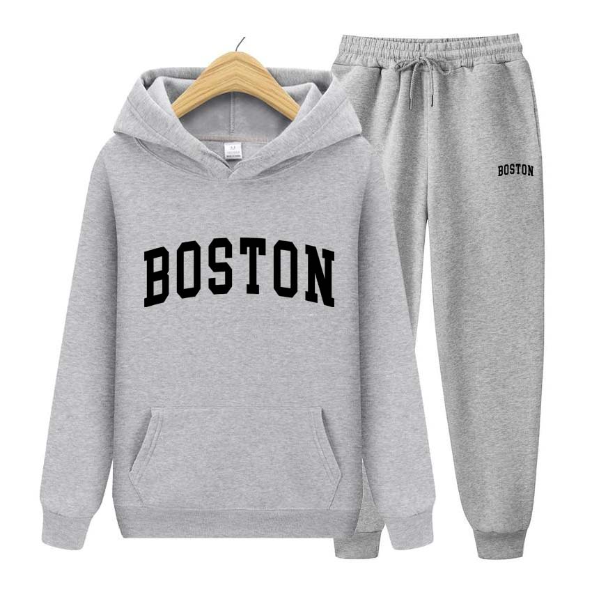 Спортивный костюм BOSTON с принтом, комплект из 2 предметов, толстовка с длинными рукавами, брюки для бега, лоскутный костюм для фитнеса, пуловер с капюшоном, толстовка