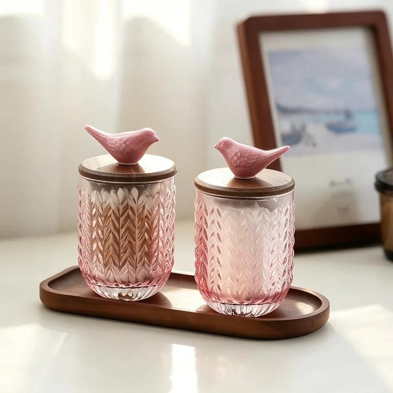 Pink Glass Storage Jar Bird Wood Cover Toothpick Holder Cotton Swab Box Storage Bottle Sugar Jar Dried Fruit Box Storages Tank