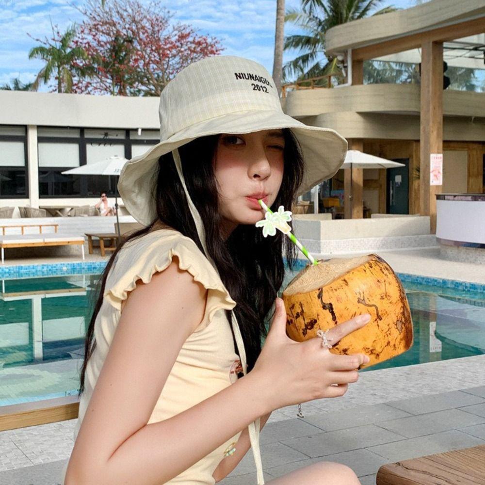 Adjustable Drawstring Lattice Fisherman Hat Letter Embroidery Summer Hats Sun Hats Summer Travel