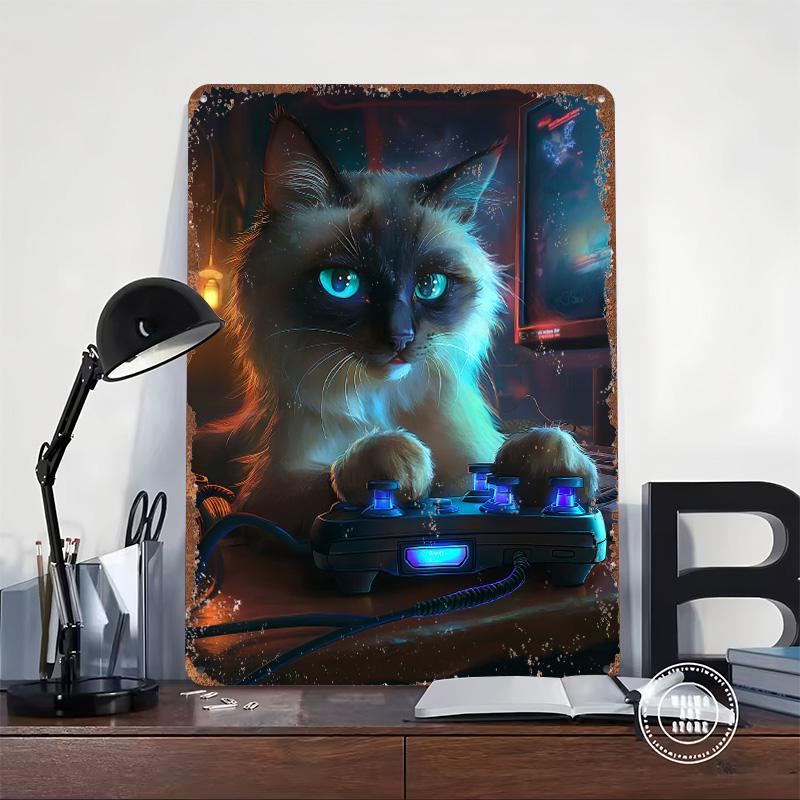 Gamer Cat With Controller and Screen Printed Poster Customized Wall Art Retro Vintage Metal Tin Signs for Wand Deko Home Decor