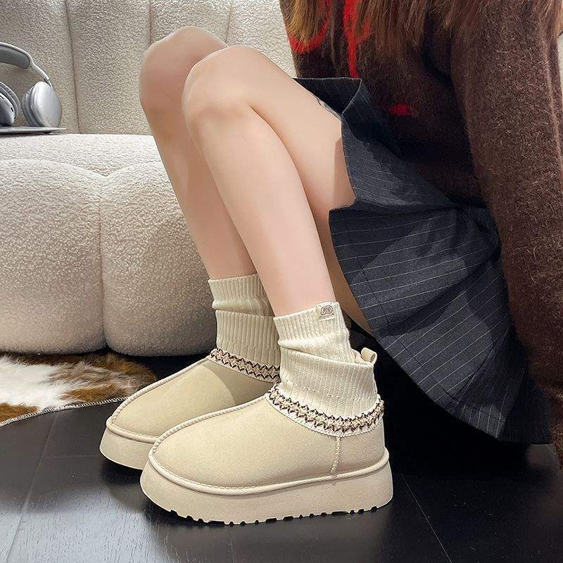 2025 новые зимние толстоподошвенные снежные флисовые теплые сноубутсы женские флисовые утолщенные шерстяные вязаные ботинки