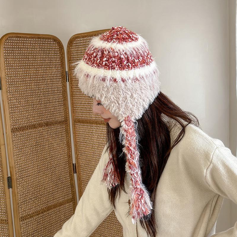 Полосатая вязаная шерстяная шапка с вставками для женщин на осень и зиму, утолщенная для тепла и защиты от холода, с защитой ушей, очки для шапки-ушанки