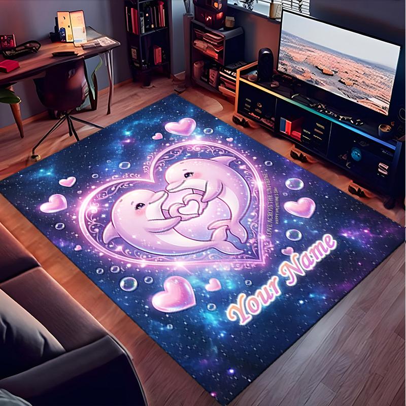 1PC Custom Name Dolphins Heart Shape Theme Floor Mat Ideal for Living Room, Game Rooms, Office, Bedroom,Floor Mat Playful Design