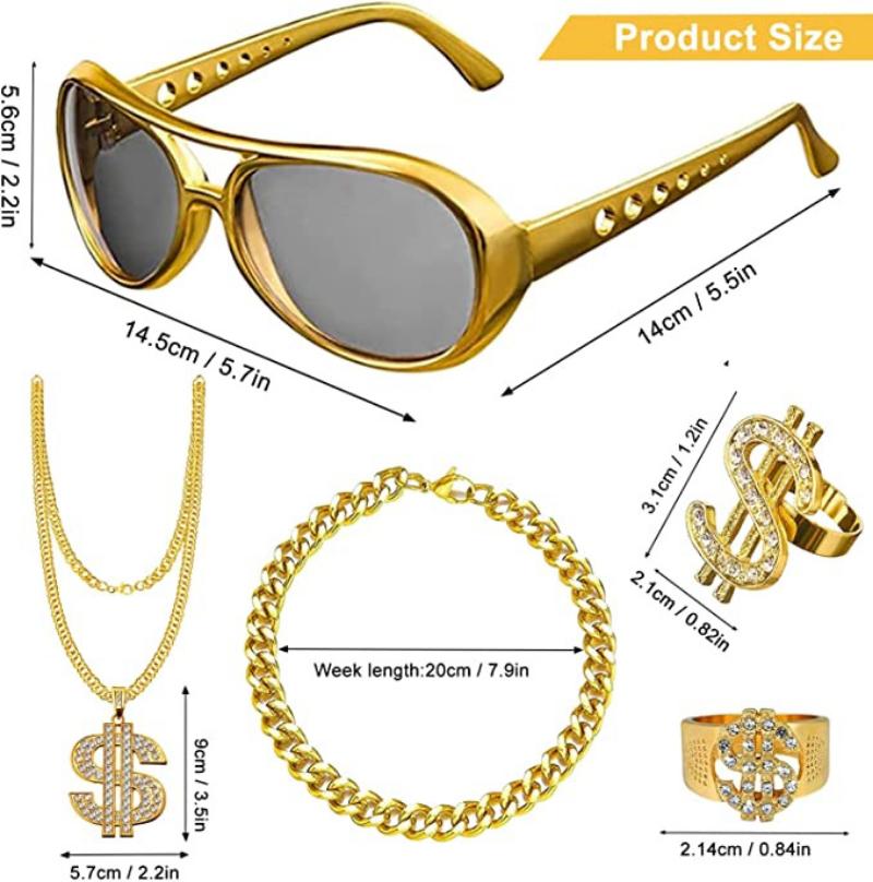 Хип-хоп Преувеличенный Панк Сплав США Золотая Цепочка Ожерелье Очки Кольцо Браслет Набор