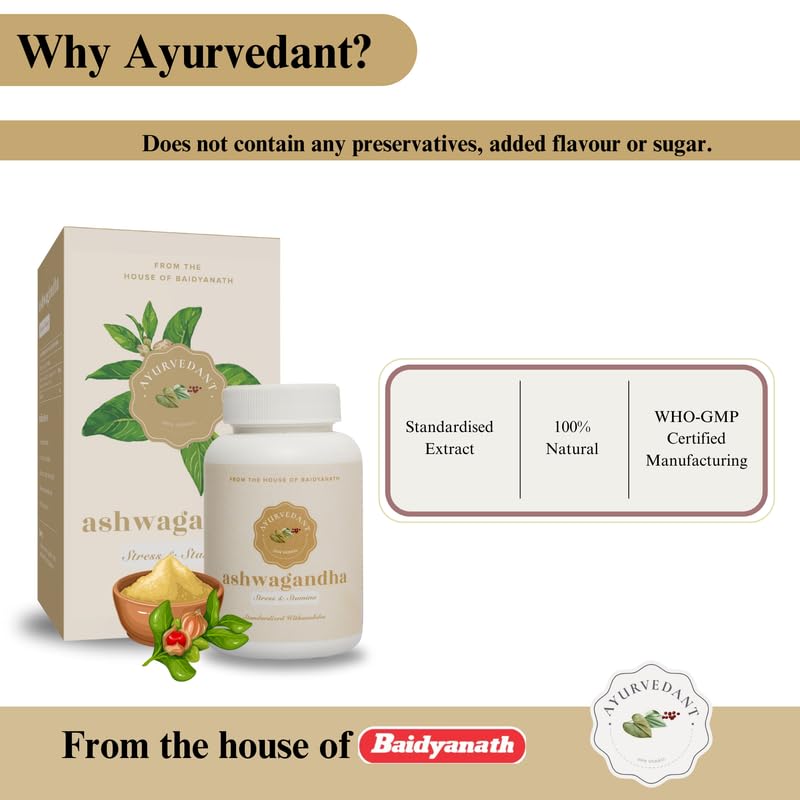 Baidyanath Asli Ayurved Jhansi Ayurvedant Ashwagandha Tablets 60 Count Stress Relief and Energy Support