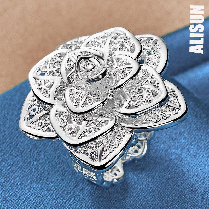 925 Sterling Silver Three Layered Flower Ring with Opening Fashionable Wedding Jewelry