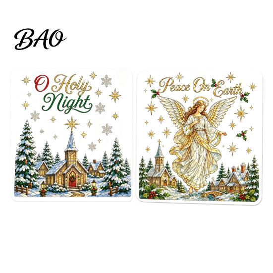 Shopping Mall Christmas Stickers 2Pcs Wall Stickers, Snowy Cottage Tree Self Adhesive Decals, Waterproof PVC Party Snow Scene Holiday Decals for Home