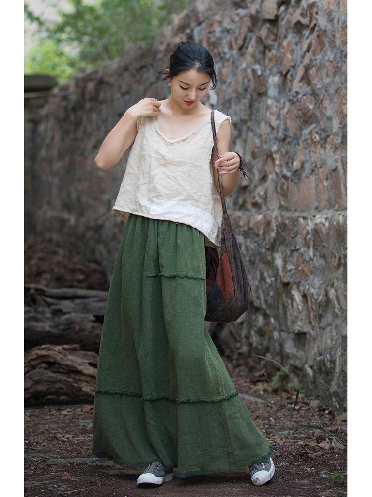 Женская повседневная юбка миди из рами, хлопка и льна: Выстиранный песком, Универсальный для дома или путешествий, Идеально подходит для весны и лета