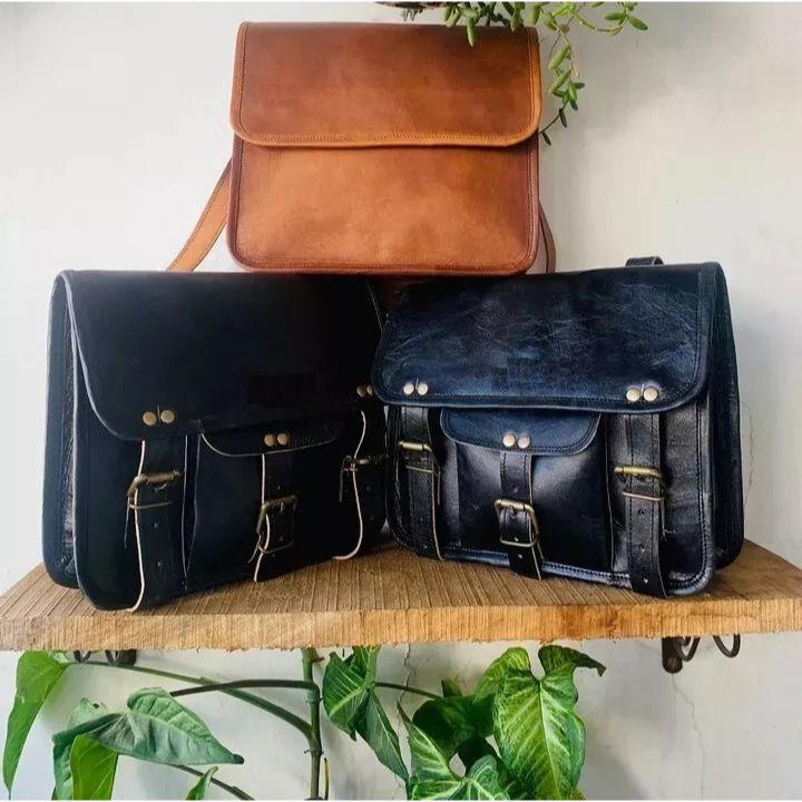 Полированная кожаная сумка-мессенджер Черная мотоциклетная сумка ручной работы черного цвета ( Размер сумки Free Sling Brown - 9 x 7 x 3 дюйма )