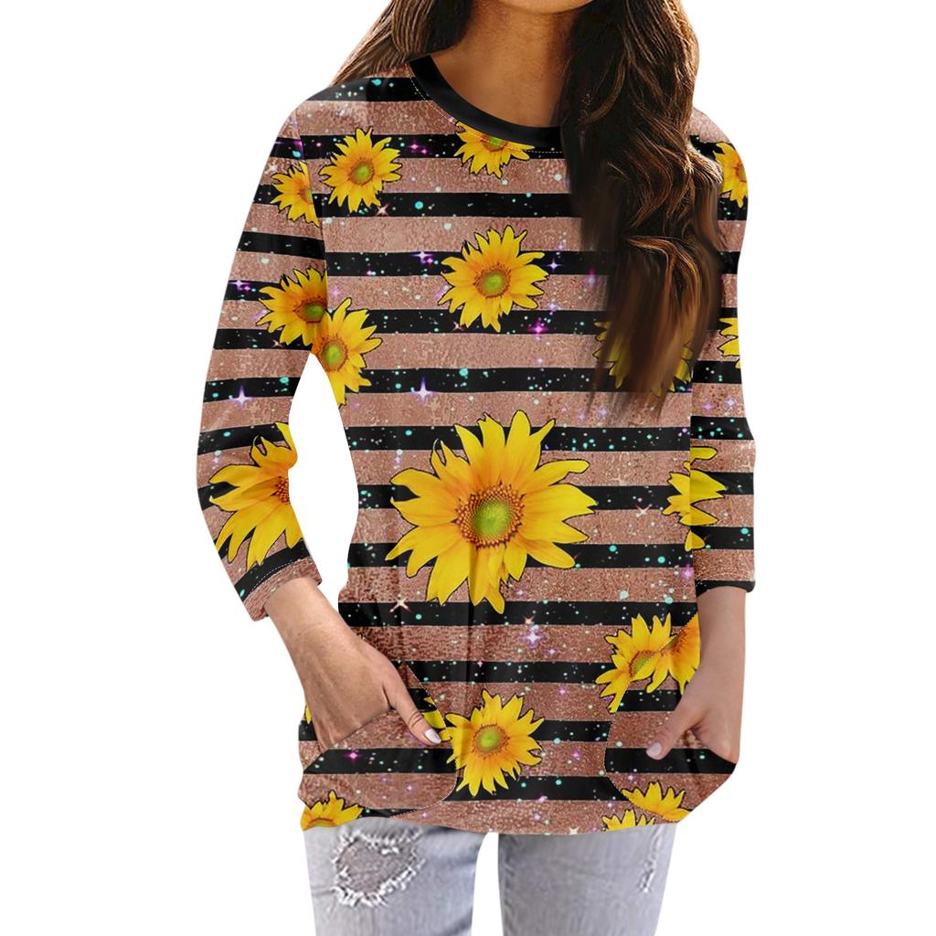 Women's Fashion Casual Round Neck Print 3/4 Sleeve Pocket T-Shirt Top