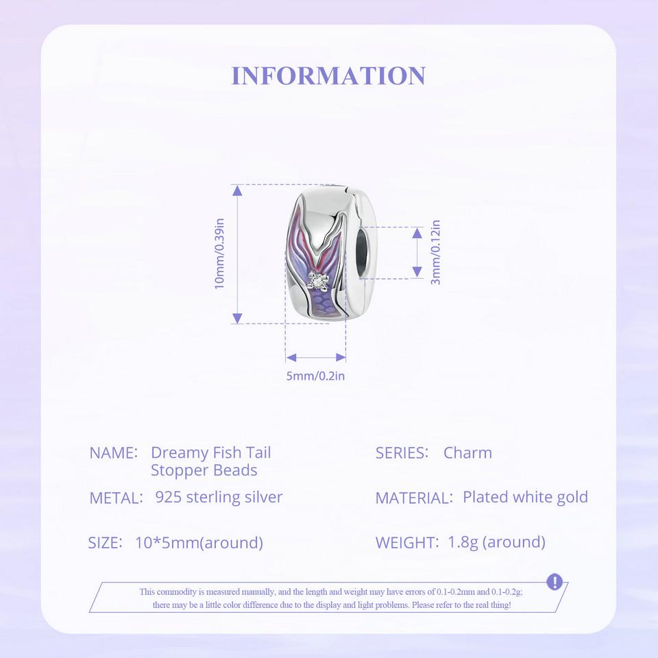 BAMOER Dainty 925 Sterling Silver Dreamy Mermaid Charm Fish Tail Silicone Spacer Bead Charm for Women Fit Original Bracelet