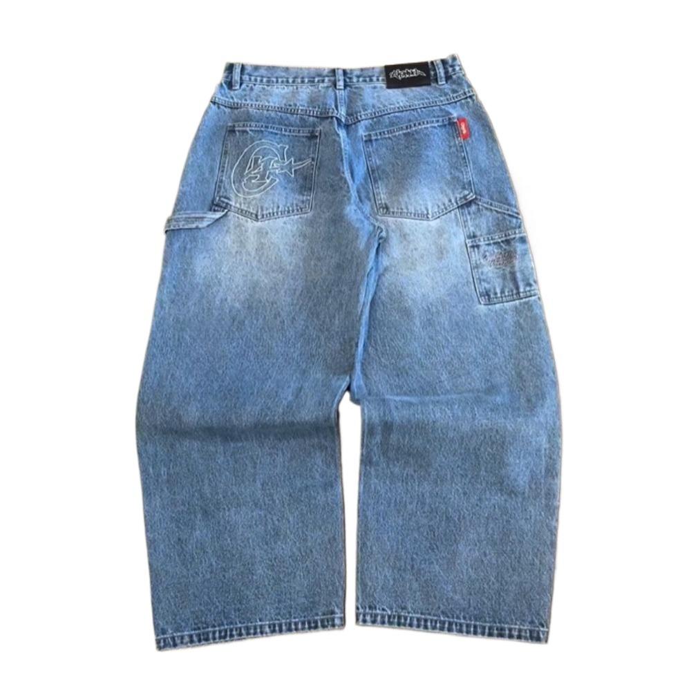 RogueWave Street Fashion Brand Wide Leg Jeans Y2K Hip-hop Retro Simple Print Loose Gothic Harajuku Horn Pants Ripped Jeans