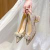 Medium Heel Wedding Shoes Women's Flat French Rhinestone Bow Bridal Shoes Temperament Dress Pointed Thick Heel Single Shoes Women