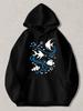 Black Pullover Hoodie with White Fish And Blue Wave Graphic Print Casual Long Sleeve Sweatshirt with Kangaroo Pocket for Daily Wea