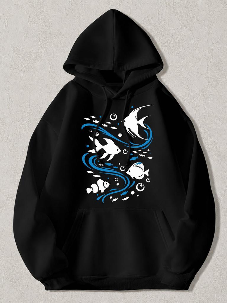 Black Pullover Hoodie with White Fish And Blue Wave Graphic Print Casual Long Sleeve Sweatshirt with Kangaroo Pocket for Daily Wea