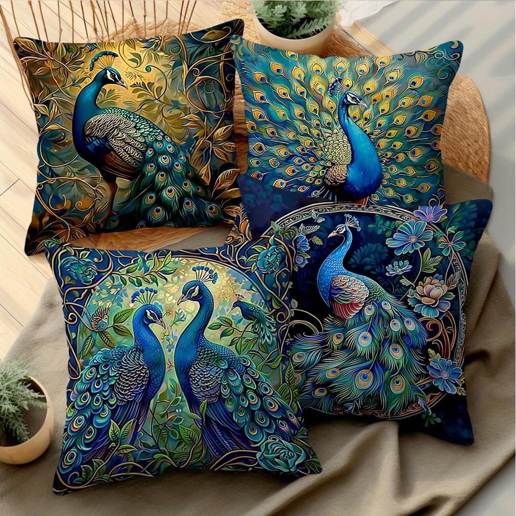 4 Pack Teal Gold Peacock Pillow Covers Double Sided Print Floral Cushion Cases Boho Home Decor For Sofa Bedroom