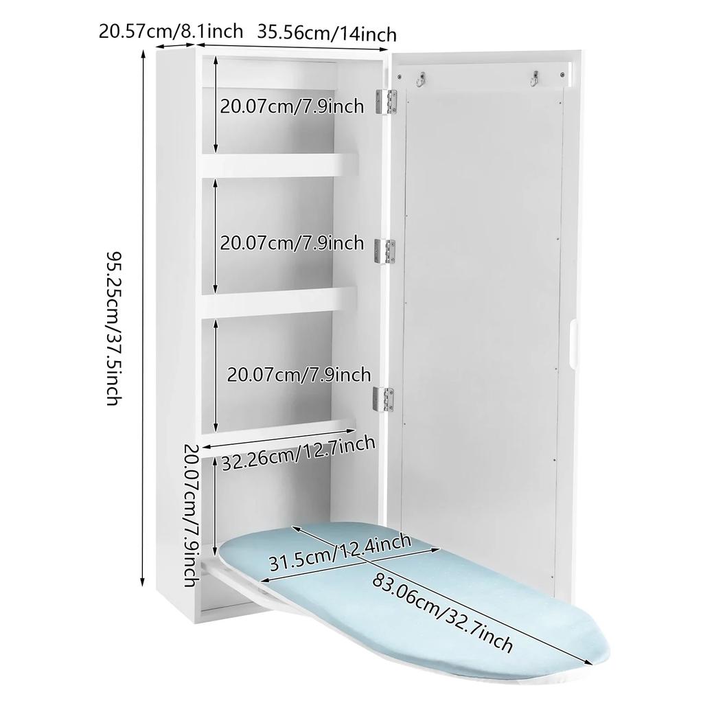 Настенный шкаф для гладильной доски с зеркалом, поворотная на 180°, складная гладильная доска с местом для хранения для дома, квартиры и небольших помещений