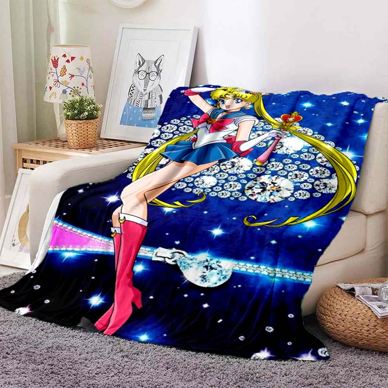HD S-Sailor M-Moon Flannel Throw Blanket 3D Cartoon Print Soft Warm Lightweight Sofa Bed Cover Girls Bedroom Travel Decor Gift