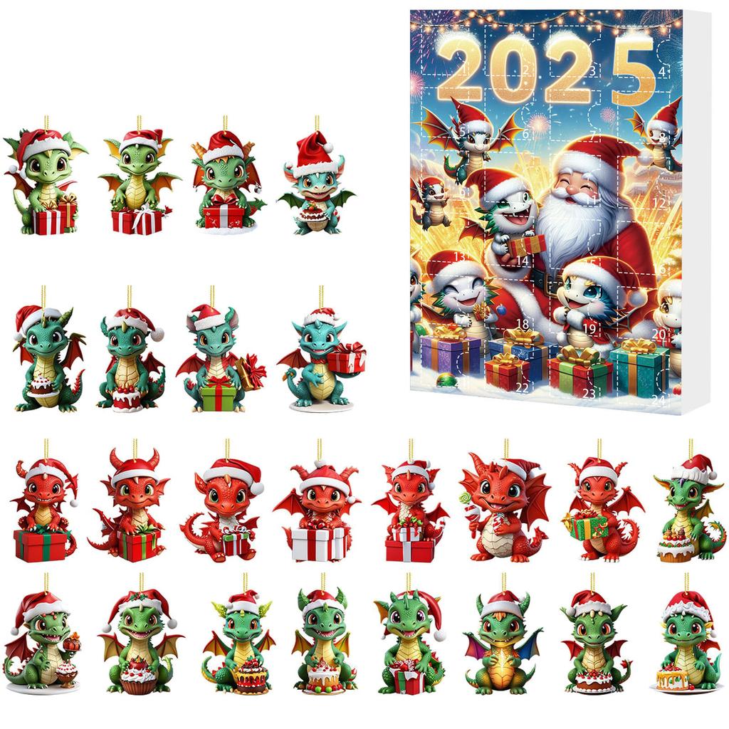 24-Days Christmas Tree Decorations with Santa Hats Cute Dragon Countdown Calendar Mini Xmas Tree Dragon Pendant for Home Decor