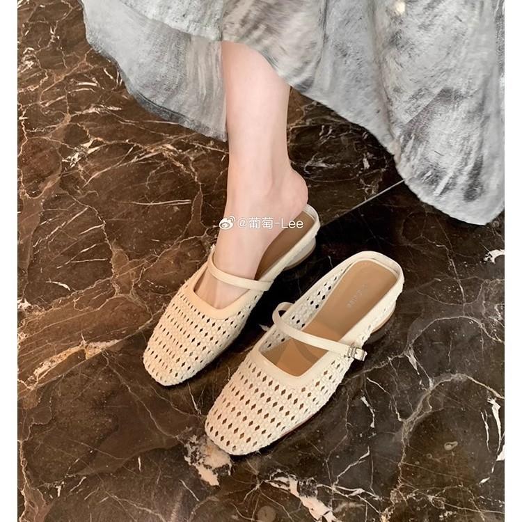 Grape Mother Has the Same Southern French Style~ Retro Woven Hollow Square Head with Versatile Sandals Muller Half Slippers