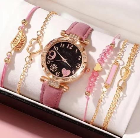 European And American New Women'S Diamond-Encrusted Dial Belt Quartz Watch Beaded Bracelet Set 6Pcsset