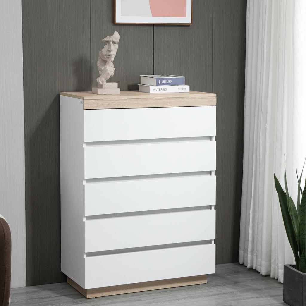 Chest of 5 Drawers Minimal in Wood, 80x40x109 cm, White and Oak Color