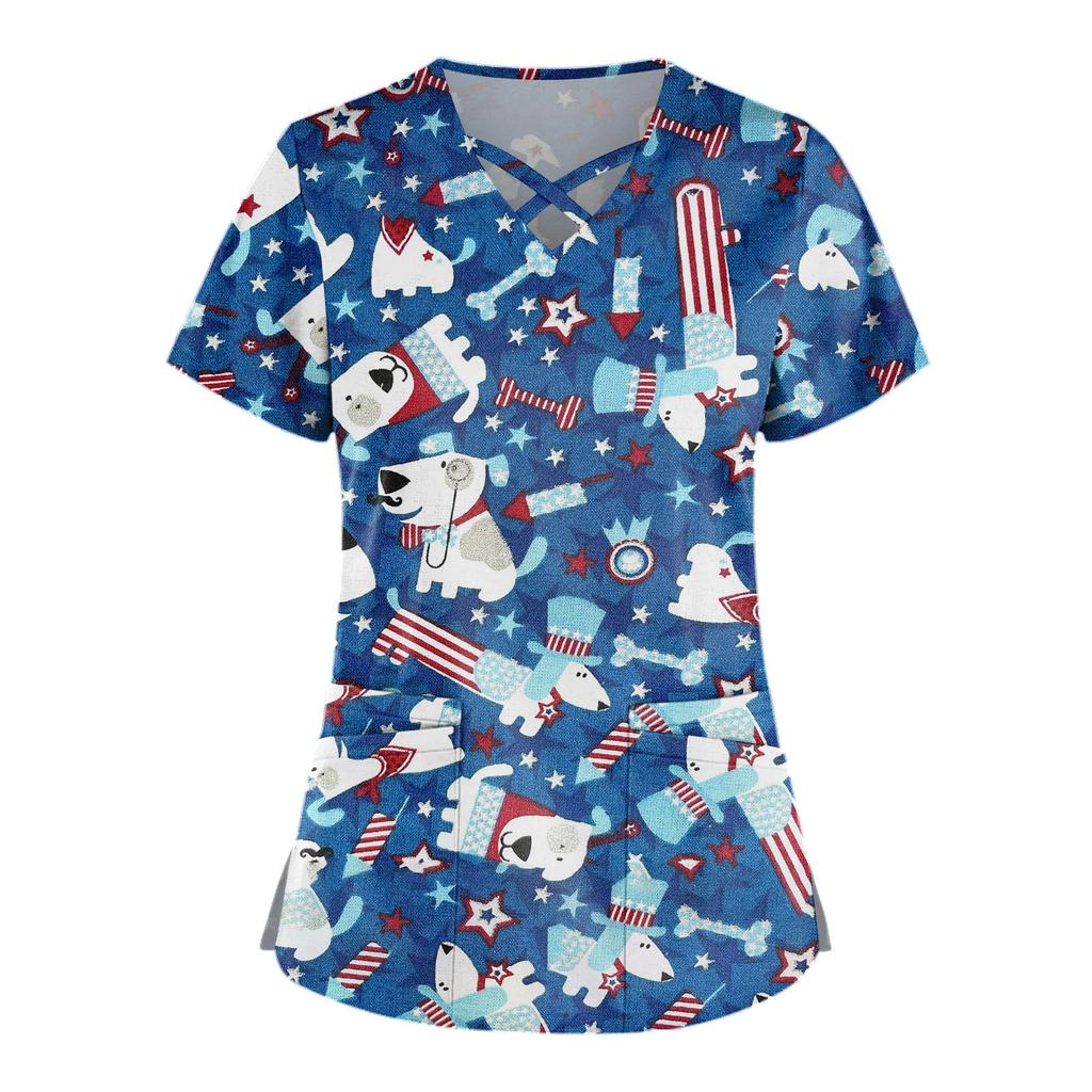 Plus Size Cute Printed Scrub Working Uniform Tops For Women Cross V-Neck Short Sleeve Fun T-Shirts Workwear Tee With Pockets