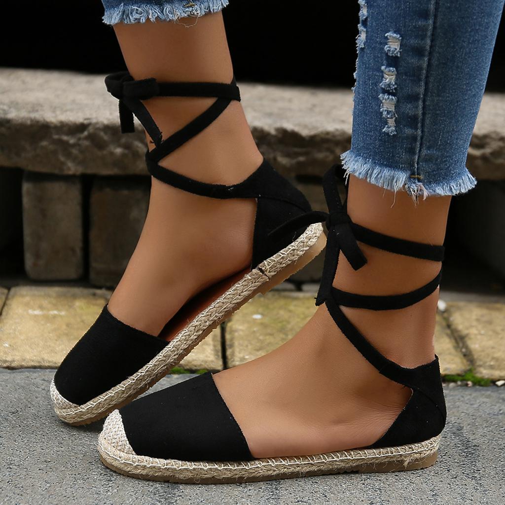 Fashion Women Sandals Summer Fashion Round Toe Solid Casual Shoes Flat Ankle Lace Up Rattan Straw Sole Roman Sandals Designer Sandals
