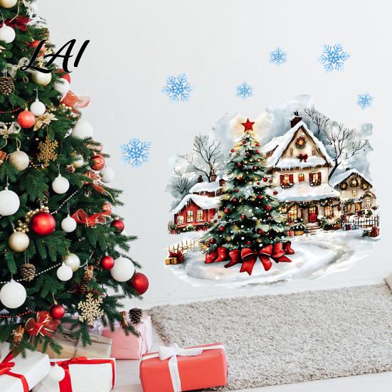 Holiday Window Clings Christmas Wall Decals Watercolor Santa Claus Xmas Tree Village House Sticker Peel Decals And Stick Removable Art for