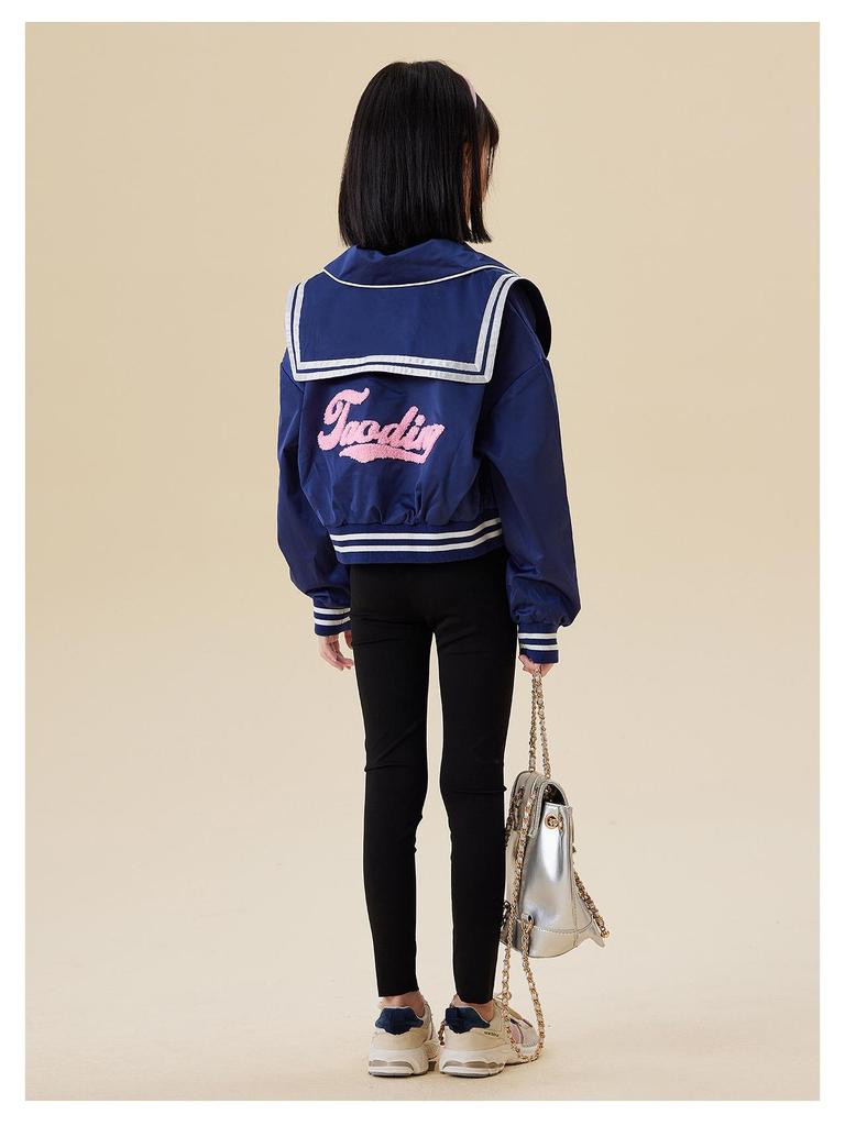 Пальто с темно-синим воротником для девочек Tao Town - 2025 Повседневная преппи весенне-осенняя короткая куртка для детей