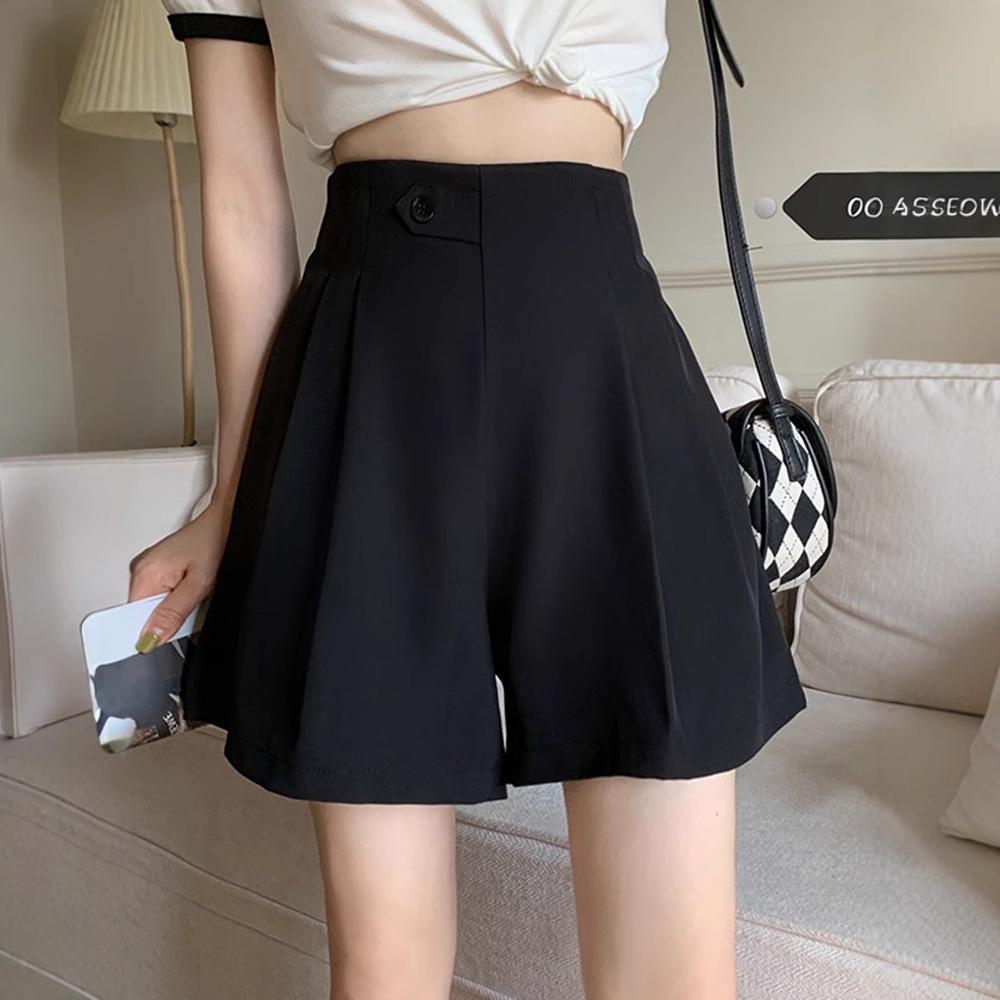 Женские шорты-костюм с высокой талией и широкими штанинами черного цвета на осень/зиму 2024 года - Стройнящие, Модные, Повседневные