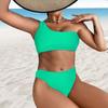 2 Pcs/Set Summer Swimsuit Set One Color Tight Shoulder Solid Sleeveless Padded Bathing Wireless