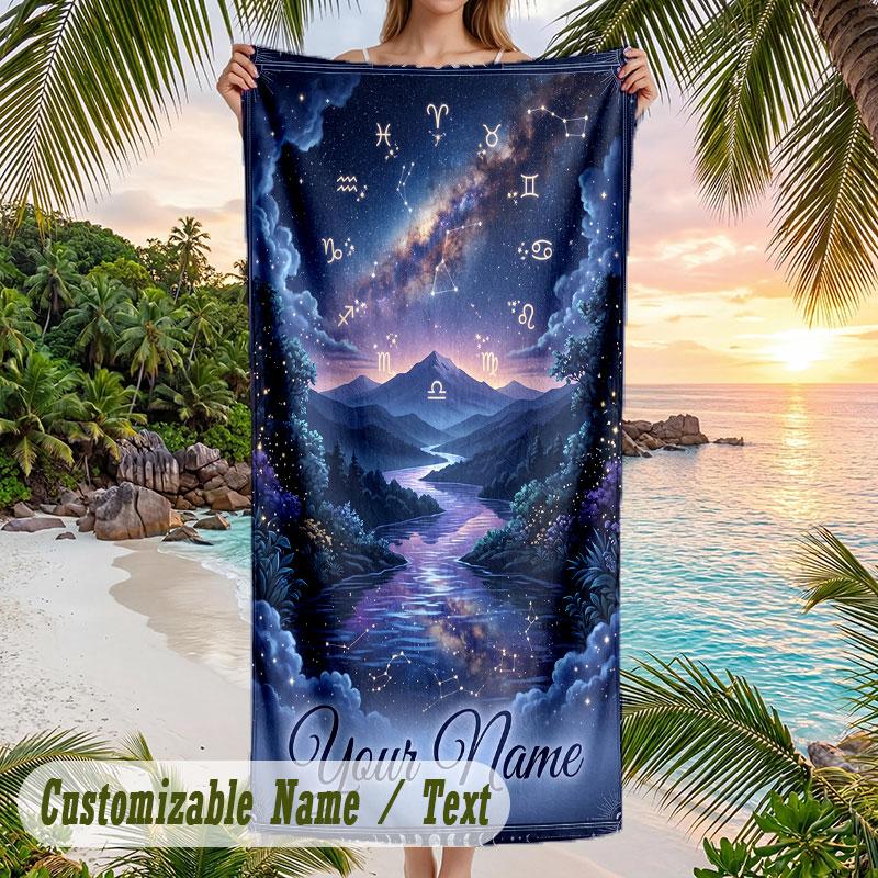 Starry Night Journey Theme Quick Dry Beach Towel Custom Name Text Print Large Sand Resistant Towel Beach Vacation