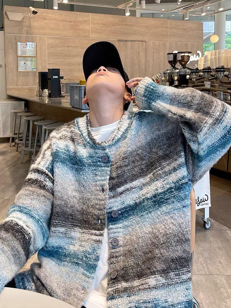 Осень 2023 года мужской ретро-полосатый вязаный кардиган-свитер