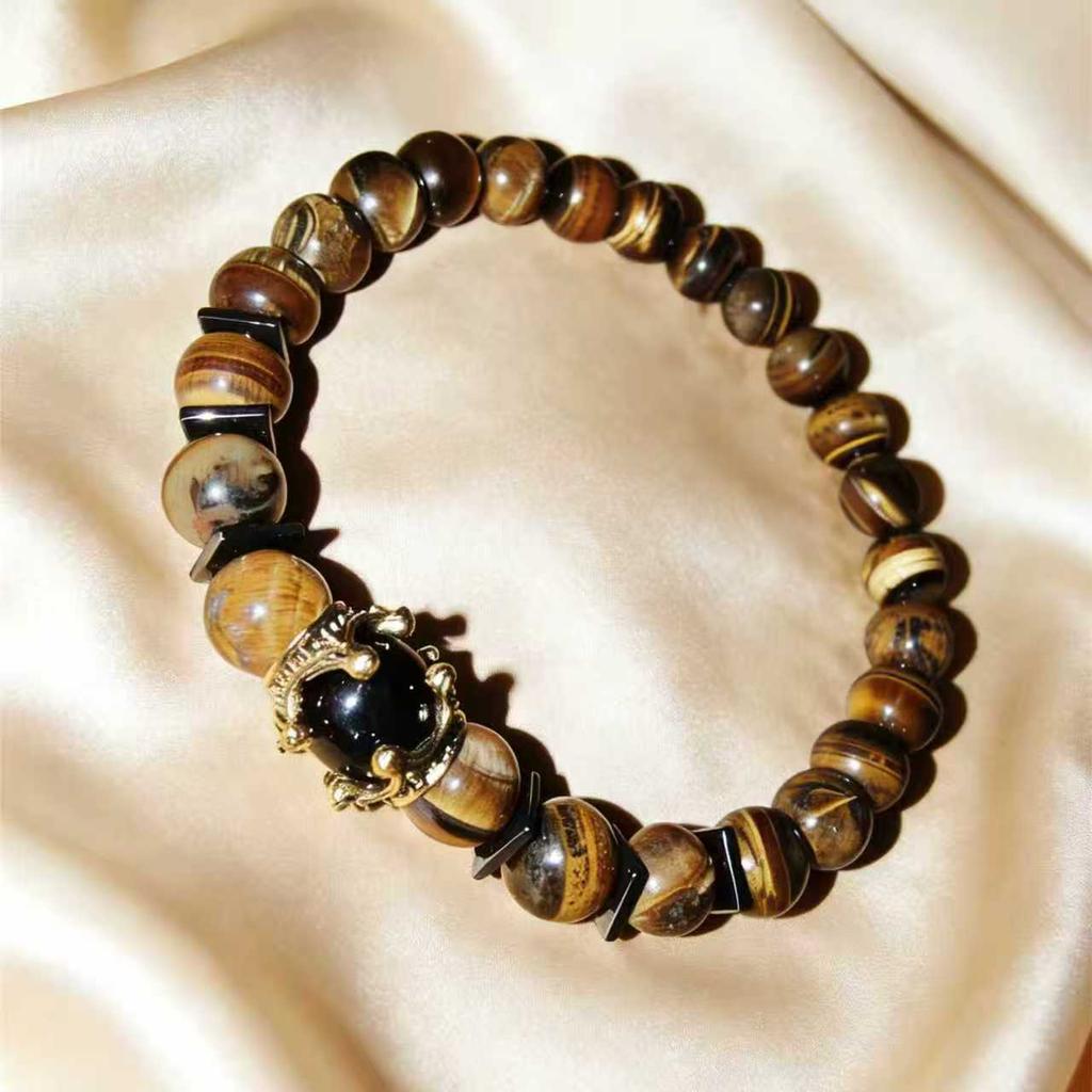 Мужской Стильный Браслет из Натуральных Камней Винтажная Корона Символ Власти Бусины Гематита Подарок Друзьям Натуральные Бусины Тигрового Глаза
