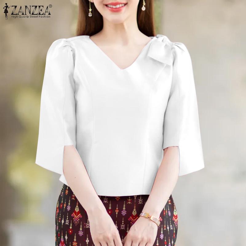 ZANZEA Женская летняя свободная повседневная блузка с V-образным вырезом и рукавом 3/4